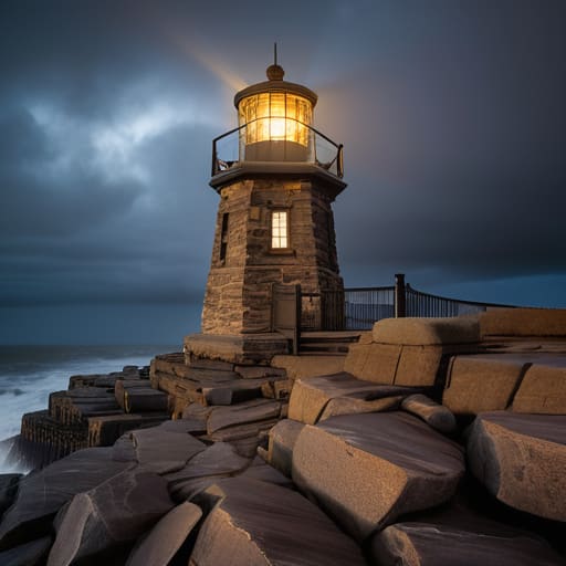 Man building a lighthouse near ocean.